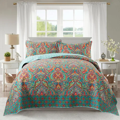 Miniatura 32 de NEWLAKE - Juego de cubrecama reversible de microfibra bordada con patrón floral en relieve en jacquard beige, tamaño queen