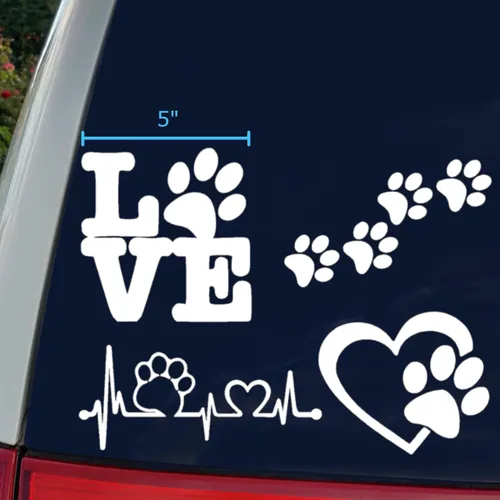 Miniatura 10 de Paquete de 4 calcomanías de patas: patas de perro, amor con pata, latido del corazón de la pata, huellas de patas (blanco, pequeño ~ 3.5 pulgadas)