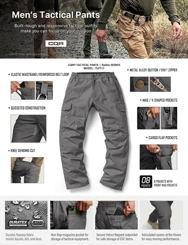 Miniatura 8 de CQR Pantalones tácticos tipo cargo, para hombre, tejido Ripstop, resistentes al agua, ligeros, para llevar todas tus cosas de uso diario