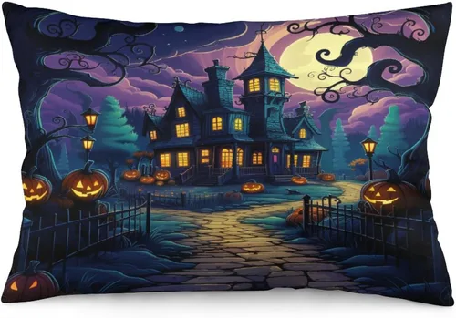 Miniatura 19 de Fundas de almohada frescas de casa embrujada, castillo, luna, bosque medieval, calabaza, fundas de almohada rectangulares con cremallera invisible
