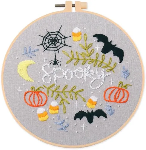 Kits de iniciación de bordado estampado con patrón de murciélago de Halloween para principiantes con aros de tela, hilos de color, kits de punto de