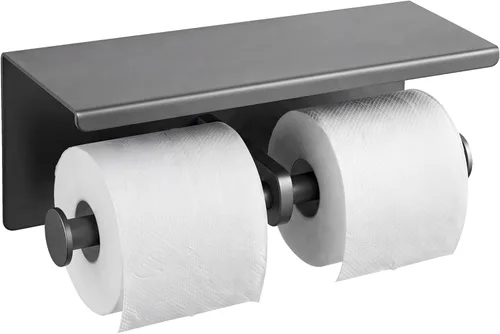 Miniatura 7 de Soporte de papel higiénico doble de acero inoxidable con estante de almacenamiento para teléfono (gris)