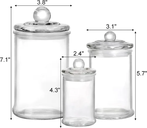 Miniatura 2 de Juego de 3 tarros de boticario de vidrio con tapas, recipientes de baño, tarros de almacenamiento pequeños decorativos de vidrio para hisopos