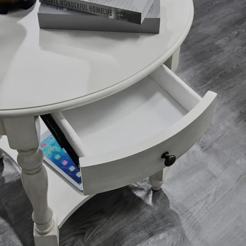 Miniatura 5 de Mesa auxiliar ovalada con cajón, estante de almacenamiento lateral de madera maciza para sofá, mesa de esquina tradicional para sala de estar