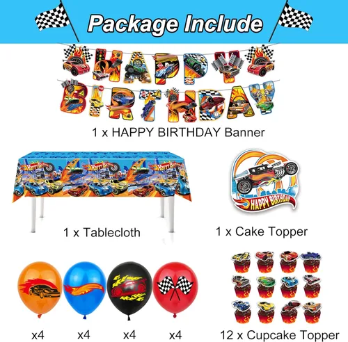Miniatura 2 de Decoraciones de fiesta temática de autos calientes, suministros para fiesta de cumpleaños con volante de carreras, incluye pancarta de feliz