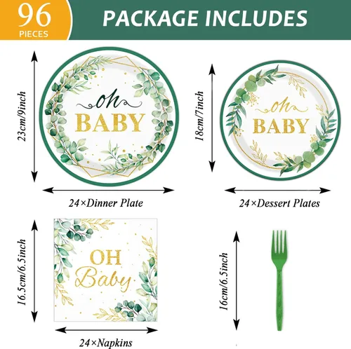Miniatura 2 de Tevxj Juego de vajilla de 96 piezas Sage Greenery Oh Baby para baby shower, vajilla desechable, platos verdes con lámina dorada, platos para fiestas