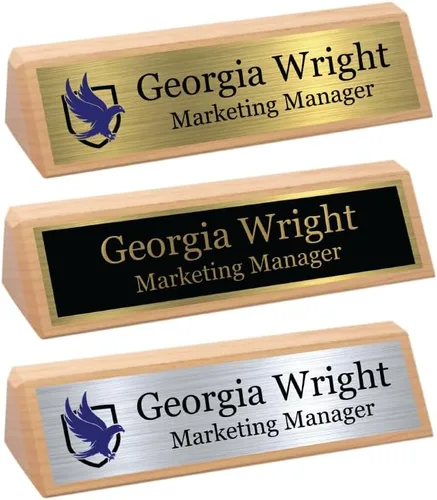 Miniatura 9 de Placa de nombre de cuña personalizada para escritorio, títulos y estilos personalizados (2 x 8 pulgadas, nogal macizo con placa de nombre)