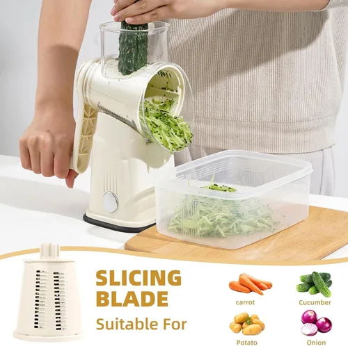 Miniatura 6 de Rallador rotativo de queso con asa, triturador de verduras con 5 cuchillas reemplazables y base de succión fuerte, rebanador redondo de alimentos
