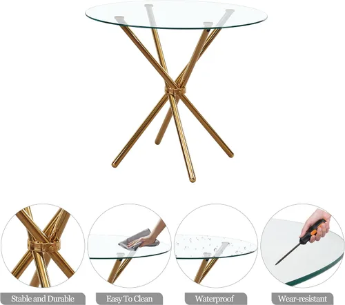 Miniatura 5 de Juego de comedor redondo de vidrio para 4 personas, mesa de comedor de vidrio compacta con sillas de piel sintética con patas doradas para espacios