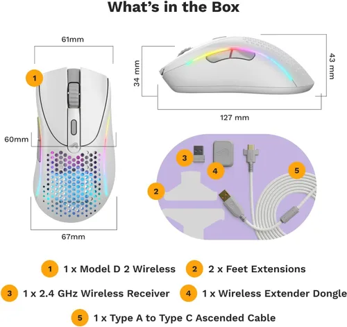 Miniatura 8 de Glorious Gaming - Mouse ergonómico inalámbrico modelo D 2, superligero 2.33 oz, hasta 210 horas de duración de la batería, sensor óptico de 26 K, 6