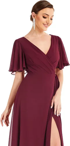 Miniatura 5 de Ever-Pretty Vestidos de noche de gasa para mujer, con cuello en V, mangas con volantes, abertura lateral, longitud al suelo, 0300A