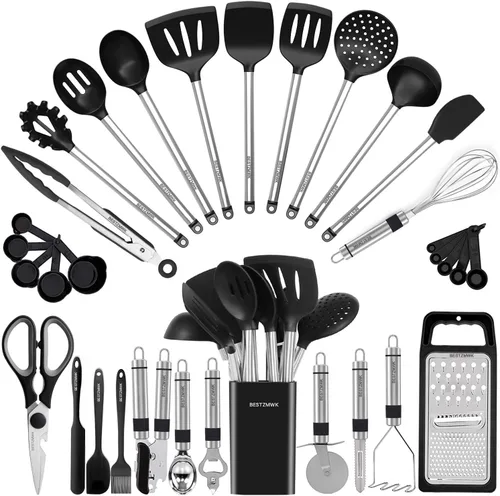 Juego de utensilios de cocina de silicona, 33 utensilios de cocina y cucharas para utensilios de cocina antiadherentes, juego de espátulas de Negro