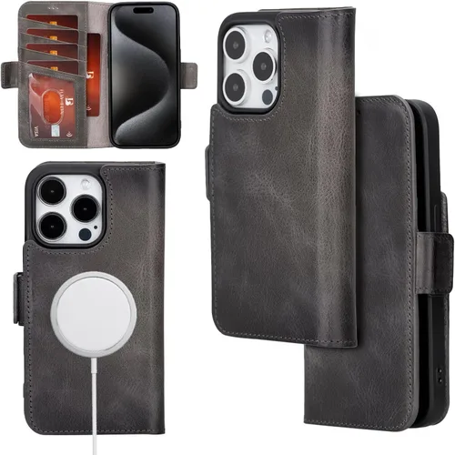 Miniatura 10 de Bayelon Cartera de cuero Cas para iPhone 15 Pro - Funda con tapa abatible, funda tipo cartera para iPhone 15 Pro, funda tipo cartera, función atril