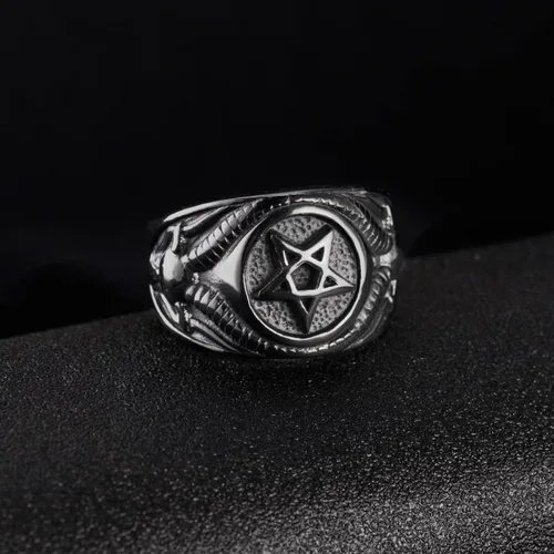 Miniatura 3 de Anillo de calavera para hombre, acero inoxidable, pentagrama, Wicca, gótico, bautismo, talla 7-13