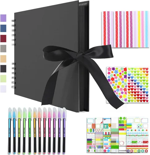 Vienrose Álbum de recortes de 80 páginas, álbum de fotos de bricolaje con accesorios, libro de recuerdos de papel kraft negro para bodas,