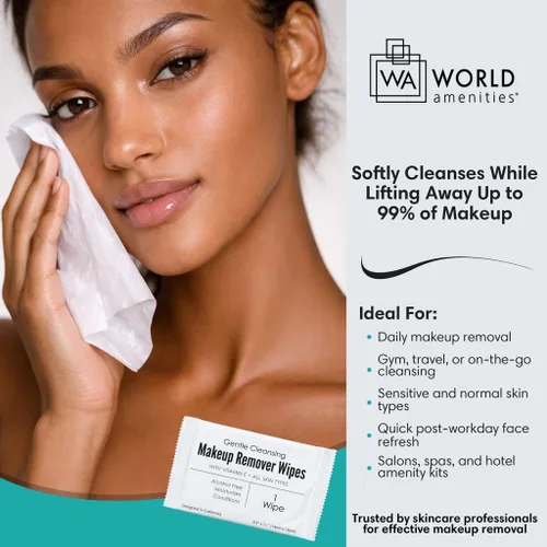 Miniatura 3 de World Amenities - Toallitas removedoras de maquillaje a granel 50 unidades Envueltas individualmente, limpieza suave, sin alcohol - Todo