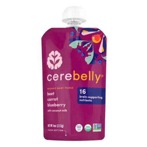 Cerebelly Bolsas de comida orgánica para bebés, purés de remolacha zanahoria y arándanos, 16 nutrientes, sin azúcar añadido, fibra y sin OMG, 4