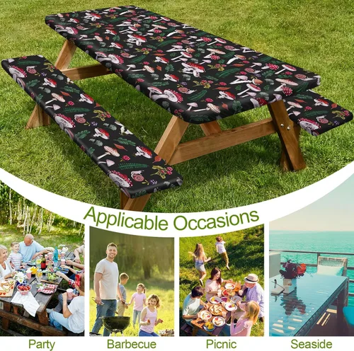 Miniatura 5 de Mantel de mesa de picnic con fundas de banco de 6 pies, 3 piezas, impermeable, resistente al viento, mantel de camping estético con bolsa
