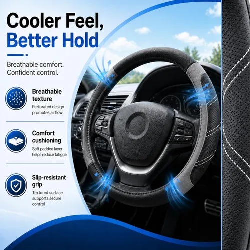 Miniatura 3 de Elantrip Funda de volante de cuero deportivo 14 1/2 pulgadas a 15 pulgadas universal, acolchada, de agarre suave y transpirable para coche, camión