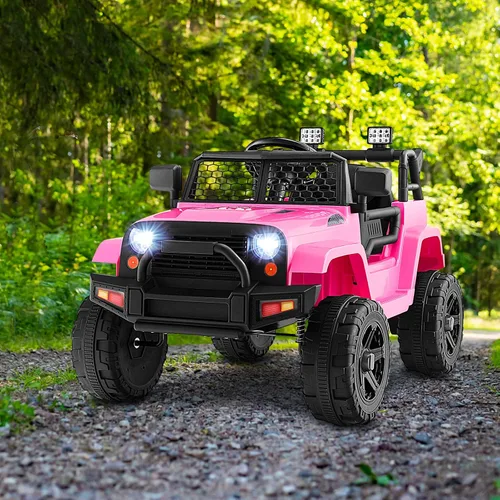 Miniatura 9 de HONEY JOY - Camión de paseo rosa con batería de 12 V con control remoto, suspensión de resorte, faros, música, parabrisas de malla, autos eléctricos