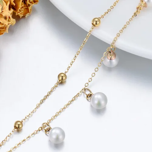 Miniatura 4 de Pulsera de oro macizo de 14 quilates para mujer, pulsera de perlas cultivadas de agua dulce de oro amarillo con doble cadena de regalo para ella