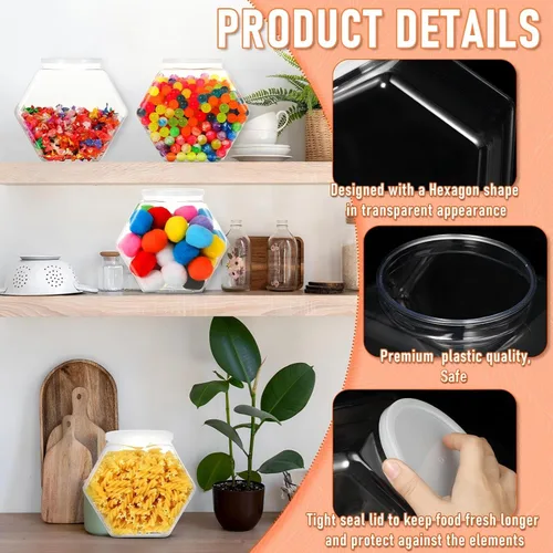 Miniatura 3 de EBOOT 4 tarros de plástico de 29 onzas para galletas de caramelo para encimera de cocina, tarro hexagonal con tapa, recipientes transparentes