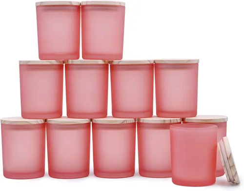 SHOWIN Tarros gruesos para hacer velas, 12 unidades, tarros vacíos de 7 onzas con tapas de madera para hacer velas, contenedor de muestra, rosa Rosa