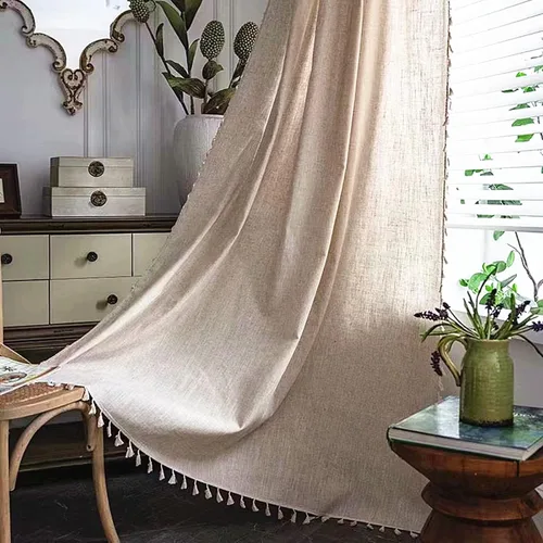 Miniatura 34 de Deeprove Cortinas bohemias para dormitorio, rayas huecas de ganchillo crema y estampado floral, tela de lino de algodón, con borlas beige bohemias