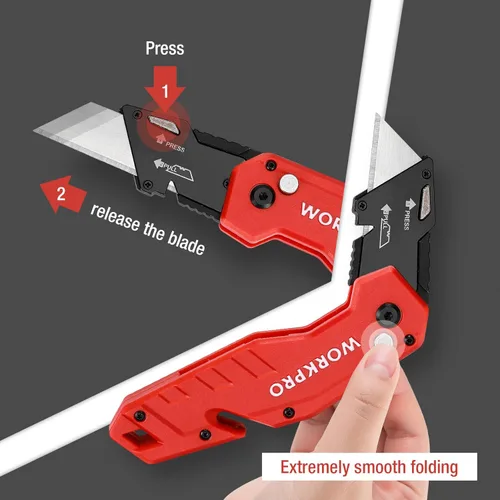 Miniatura 2 de WORKPRO Cuchillo utilitario plegable, hoja de cambio rápido, mango de nailon ligero, cortador de utilidad con 10 cuchillas adicionales Rojo