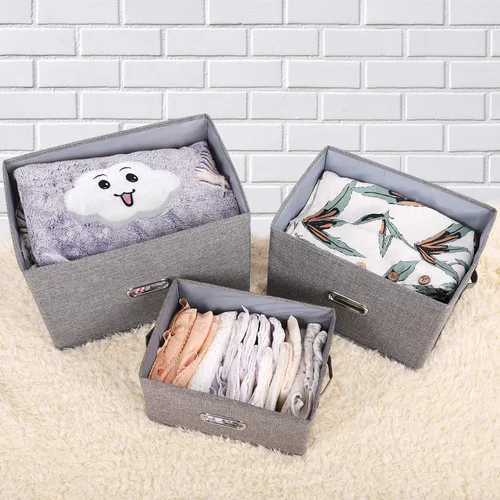 Miniatura 4 de Papeleras grandes plegables de tela de lino, con tapa y asas extraíbles, organizador de cajas de almacenamiento lavables, cubos con cubierta