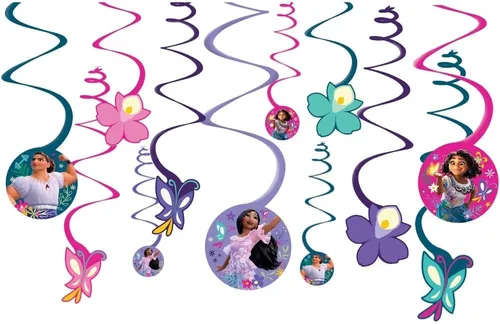 Encanto - Decoraciones colgantes en espiral (paquete de 12) – Cartulina multicolor – Decoración llamativa y festiva – Ideal para cumpleaños, fiestas