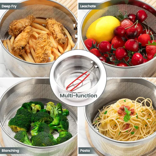 Miniatura 3 de Cesta para freír, cesta redonda de acero inoxidable con mango de silicona largo y extraíble resistente al calor para freír papas fritas, pollos