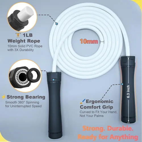 Miniatura 3 de Weighted Jump Rope, 1LB Tangle-Free Ball Bearing Rapid Speed Skipping Rope for Men Women, Adjustable 9mm Cotton & PVC Rope with Alum Handle for