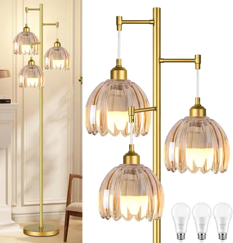 Miniatura 13 de QIYIZM Lámpara de pie para sala de estar, dormitorio, estilo granja, arco, ratán, boho, lámpara de pie con control remoto regulable, pantalla