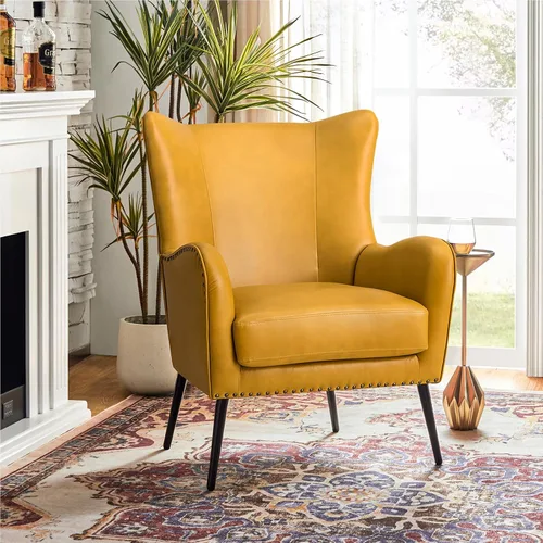 Miniatura 11 de HULALA HOME Silla decorativa de piel sintética con cojín extraíble, cómodo sillón tapizado con patas de metal negro y ribete de cabeza de clavo