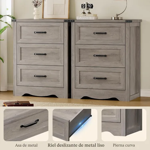 Miniatura 5 de BORNOON Cómoda de 3 cajones para dormitorio, pequeña cómoda de madera con asas de metal, armario de almacenamiento estrecho con diseño antivuelcos