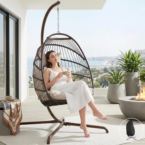 Miniatura 13 de NICESOUL Silla de huevo sin soporte para interiores y exteriores, cómoda silla colgante de mimbre para patio con cojín, hamaca columpio de 350 Beige