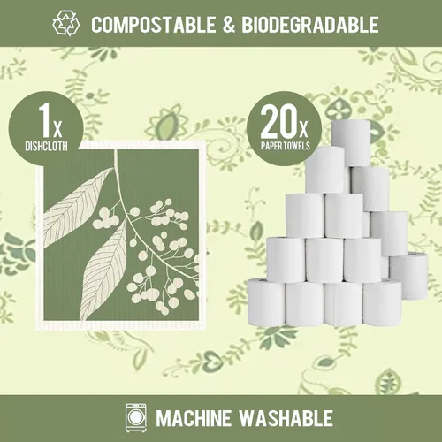 Miniatura 4 de Paños de cocina suecos para cocina, paquete de 6 paños de cocina de hojas verdes, paños de esponja de celulosa, toallas de papel reutilizables