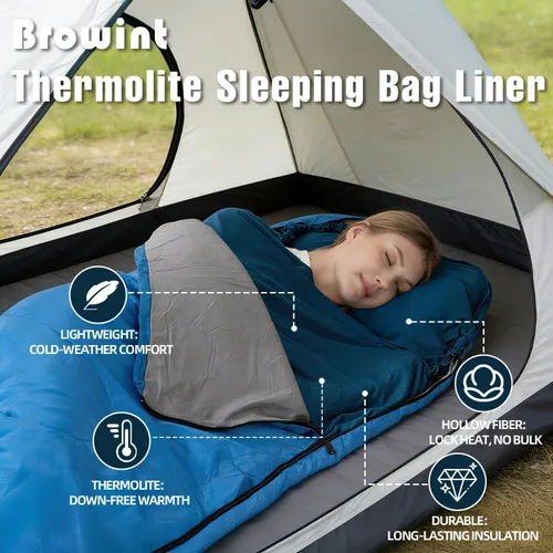 Miniatura 5 de BROWINT Forro 100% Thermolite para saco de dormir con 2 cremalleras, momia con capucha y rectangular para campamento; saco de dormir para adultos