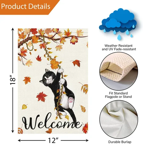 Miniatura 4 de Louise Maelys Bandera de jardín de gato de bienvenida de otoño de 12 x 18 pulgadas, doble cara, pequeña arpillera de otoño con gato negro, bandera