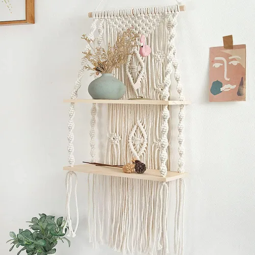 Miniatura 5 de Estante de macramé para colgar en la pared, estantes bohemios para colgar en la pared de plantas pequeñas, marcos de fotos, decoración del hogar, 2T