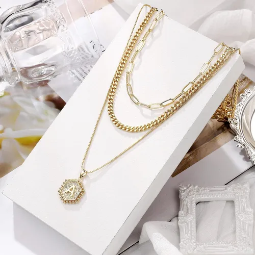 Miniatura 6 de Collares con iniciales M MOOHAM en capas, para mujer, chapados en oro de 14 quilates, con cadena de eslabones