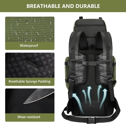 Miniatura 5 de Mochila de senderismo de 90L, bolsa de camping impermeable con cubierta de lluvia, mochila ligera para mochileros, sin marco