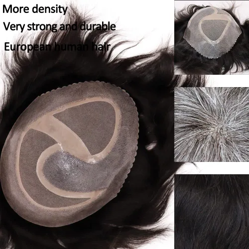 Miniatura 2 de Toupee para hombres europeos sistemas de reemplazo de cabello humano real para hombres, postizos finos, centro de encaje, piel más gruesa, pieza