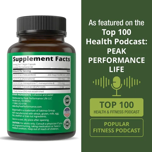 Miniatura 6 de Peak Performance Suplemento Avanzado de Vitamina D 10,000 UI con Todos los 3 Tipos de Vitamina K Cápsulas 10,000 UI de Vitamina D3 y Vitamina K2