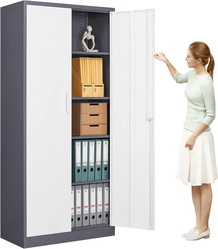 Miniatura 15 de MIIIKO Armario de almacenamiento de garaje negro con puertas y 5 estantes, almacenamiento de herramientas de acero de 71 pulgadas de alto, gabinete