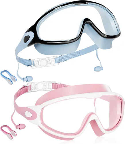 Miniatura 16 de Aegend Nuevo paquete de 2 gafas de natación de visión amplia para niños, gafas antivaho/anti-UV sin fugas con tapones para los oídos para niños de 3