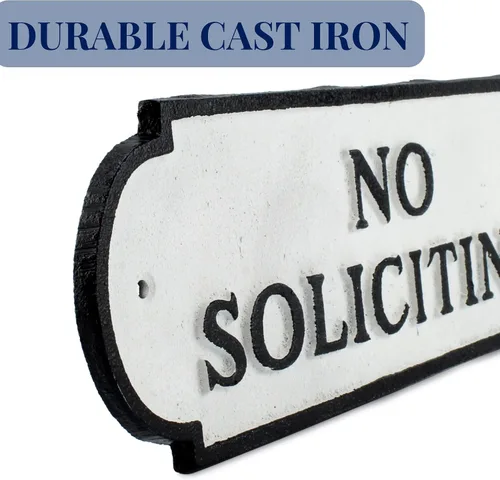 Miniatura 7 de AuldHome - Letrero de hierro fundido con texto en inglés "No Soliciting"; placa rústica de metal en blanco y negro de 11.9 x 3.4 pulgadas; incluye