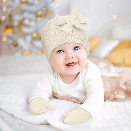 Miniatura 14 de SATINIOR 3 Set Toddler Hat Glove Set, Kids Winter Hats Warm Knitted Beanie Mittens Gloves with Bow for Baby Girls Boys 0-6Y