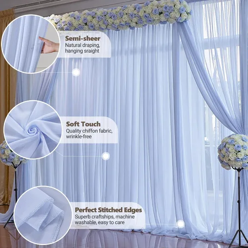 Miniatura 4 de Cortinas de fondo azul bebé de 10 pies x 10 pies, tela de gasa chiffon transparente sin arrugas, tela de fondo fotográfico drapeada para arco